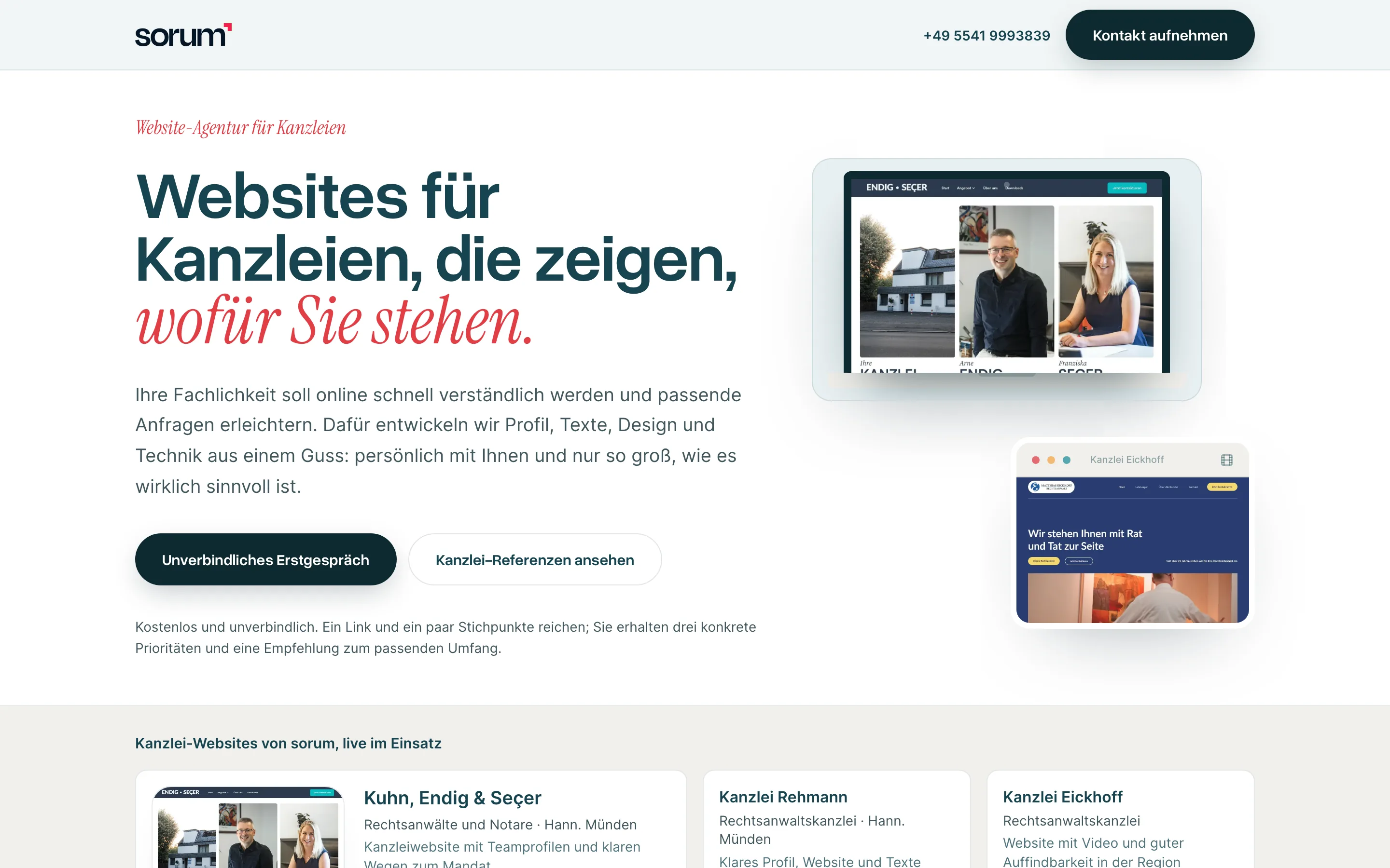 Screenshot der sorum Seite Websites für Kanzleien