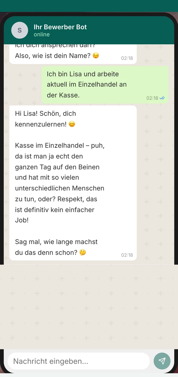 Chat mit dem Bewerber-Bot von sorum, der auf Antworten eingeht und nachfragt