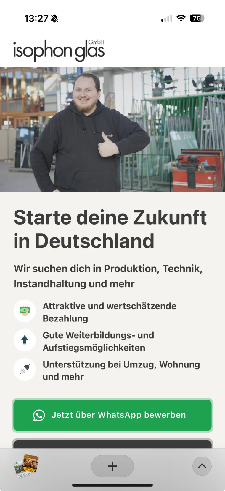 Mehrsprachige Karriereseite von isophon glas