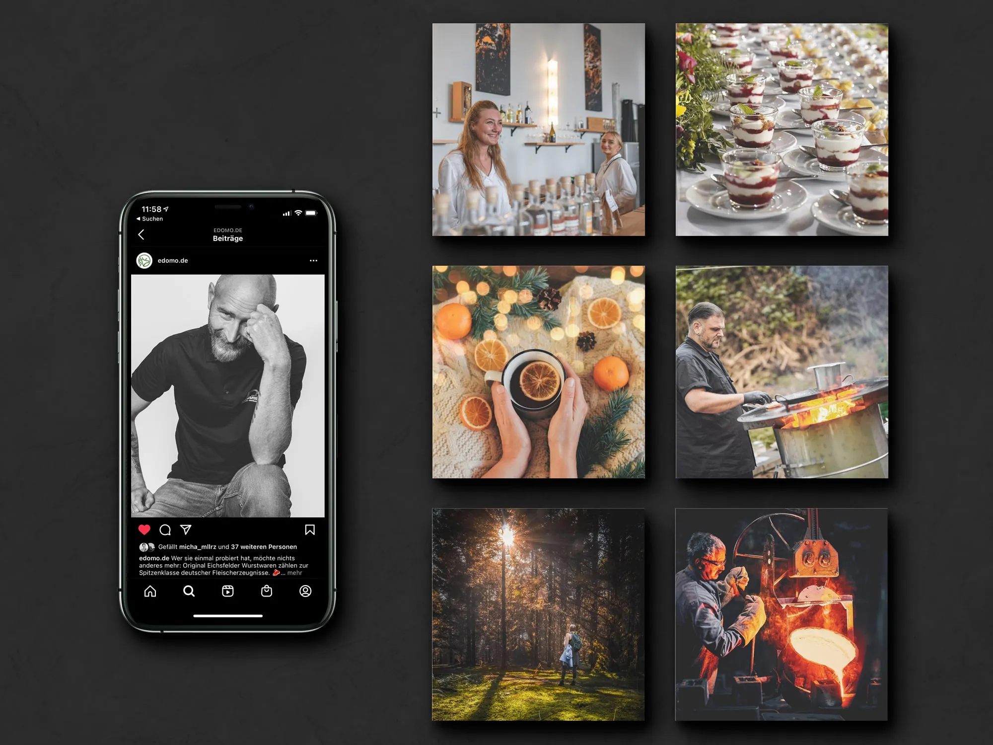 Instagram-Profil von edomo im Handy, daneben sechs Beiträge mit Händlern, Produkten und Natur aus der Region