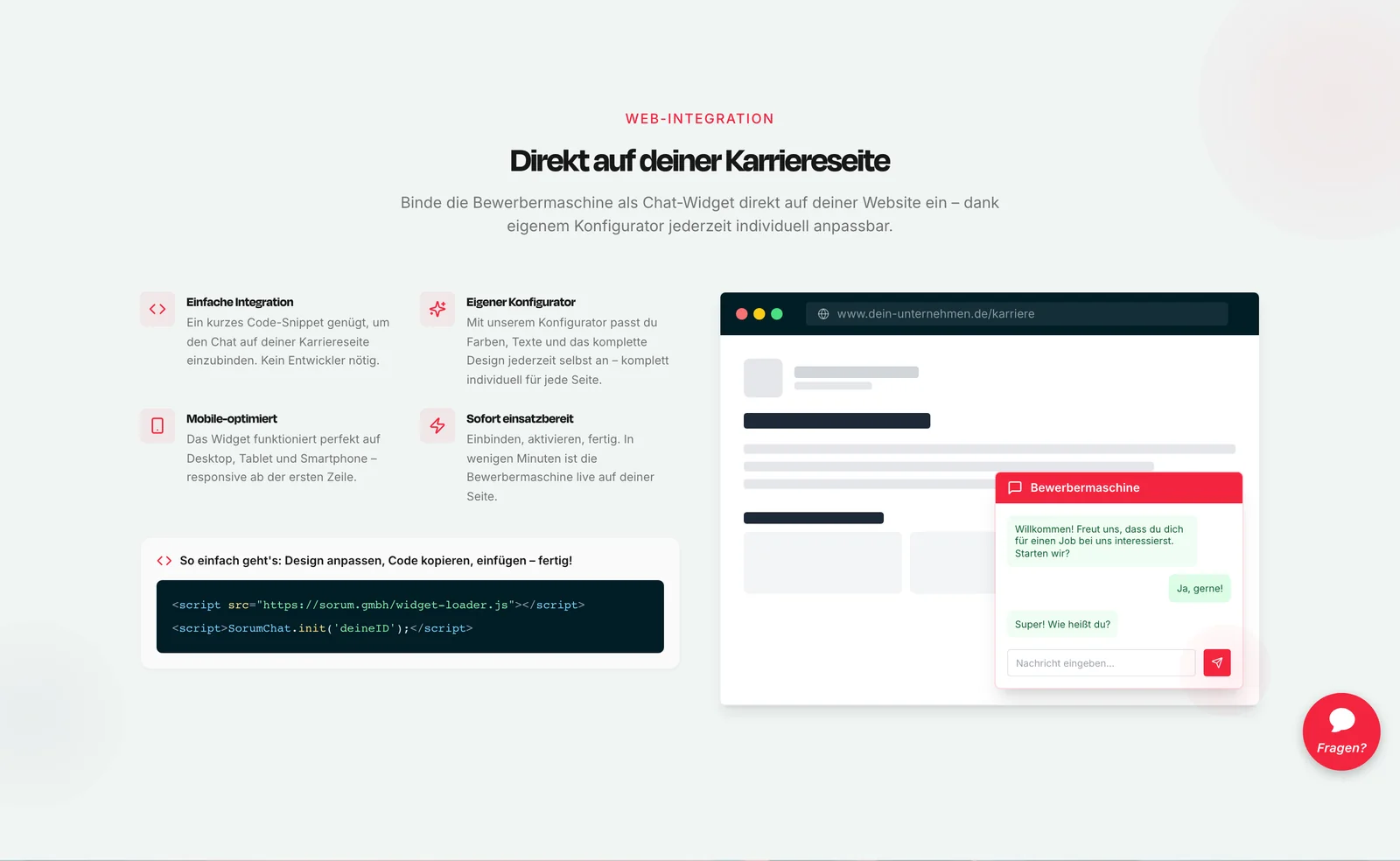 Bewerber-Bot direkt in der Karriereseite eingebunden
