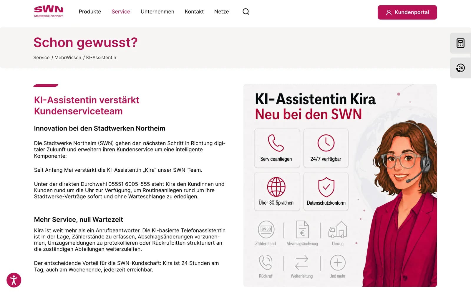 Meldung der Stadtwerke Northeim zur KI-Assistentin Kira. Umgesetzt von sorum (Stadtwerke Northeim)