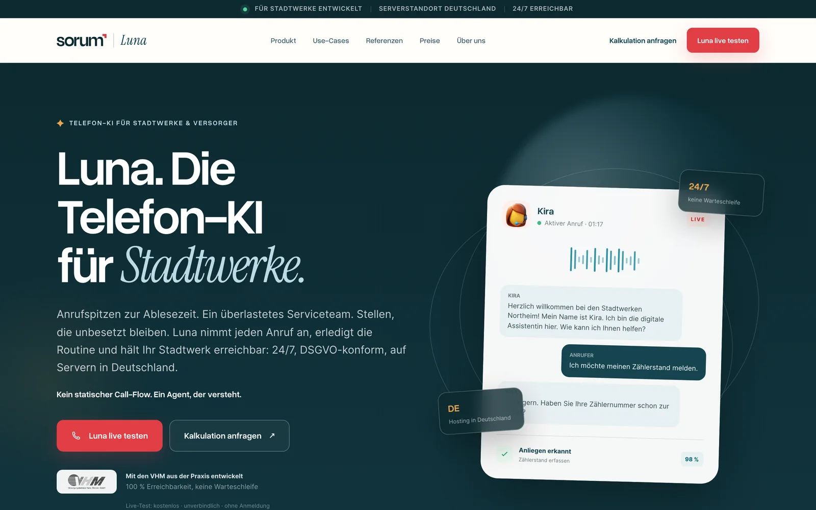 Produktseite der Telefon-KI Luna mit Beispieldialog
