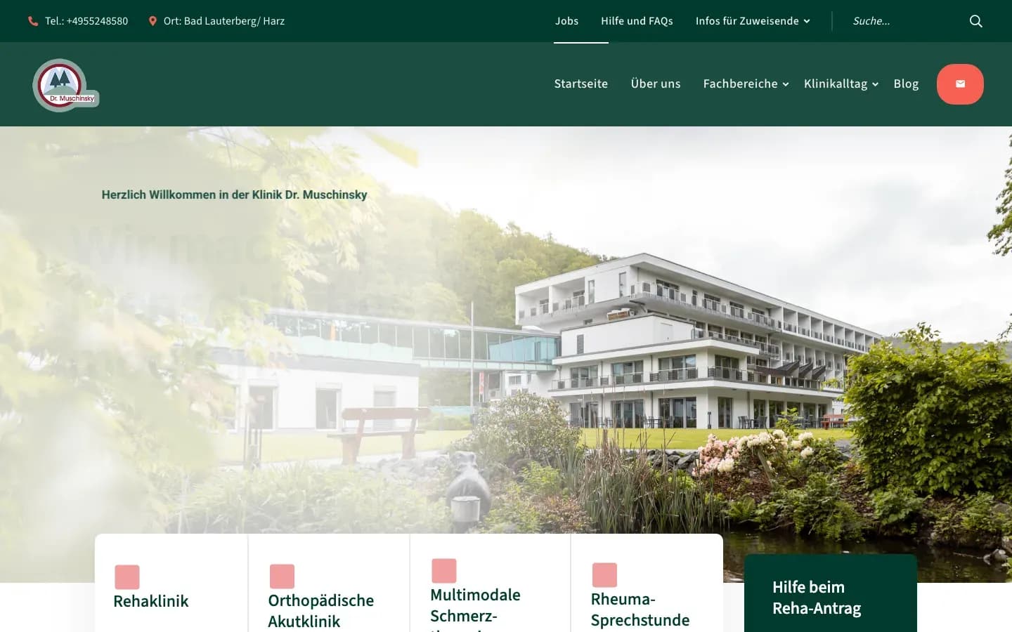 Startseite der Klinik Dr. Muschinsky mit Luftbild des Klinikgebäudes. Umgesetzt von sorum