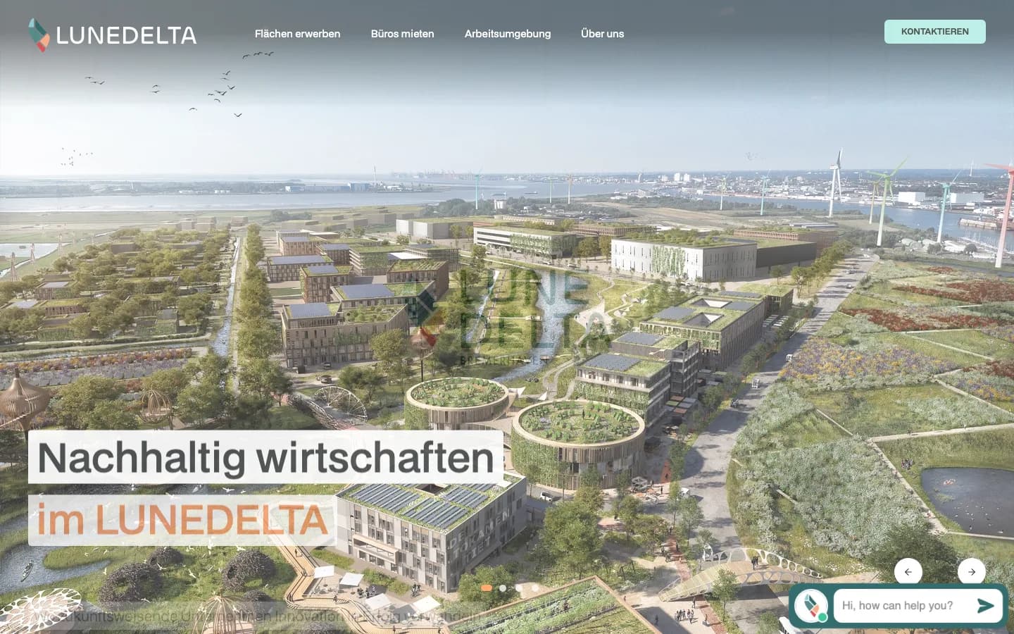 Website des Gewerbequartiers Lune Delta mit Luftbild des Geländes. Umgesetzt von sorum (Gewerbequartier)