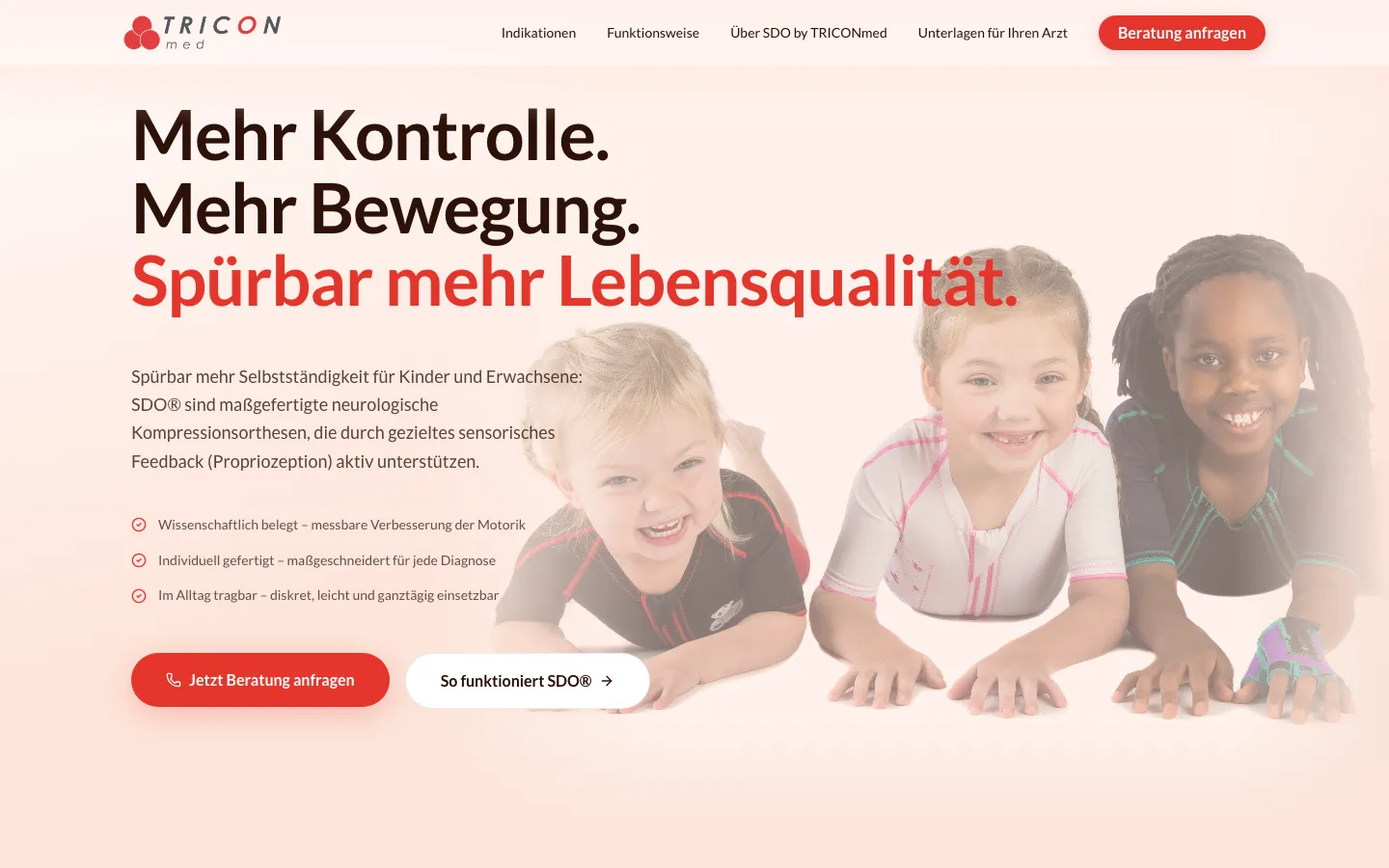 Landingpage für SDO-Kompressionsorthesen von TRICONmed: Mehr Kontrolle. Mehr Bewegung.