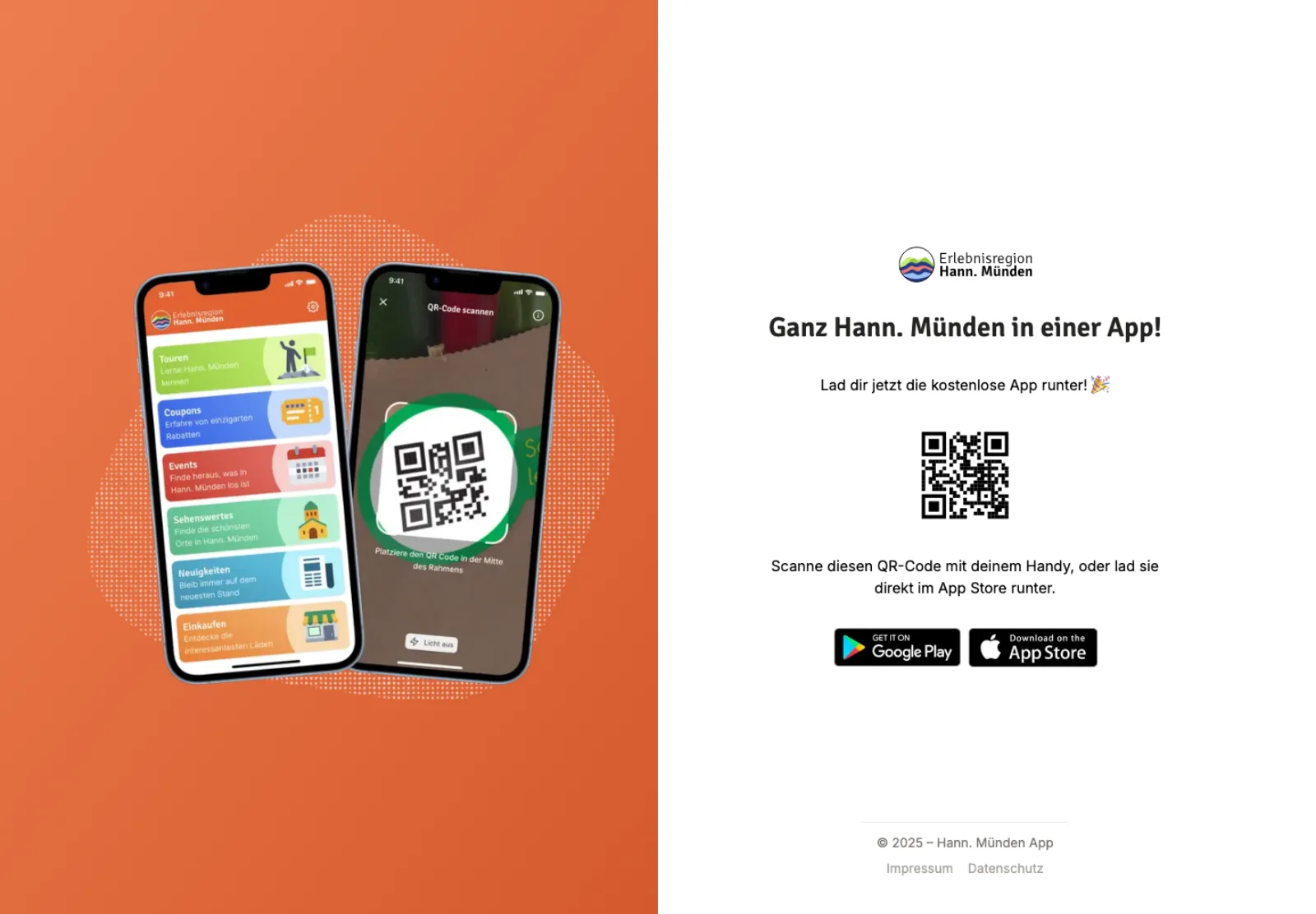 Website der Münden App mit zwei Handys, QR-Code und den Links zu Google Play und App Store