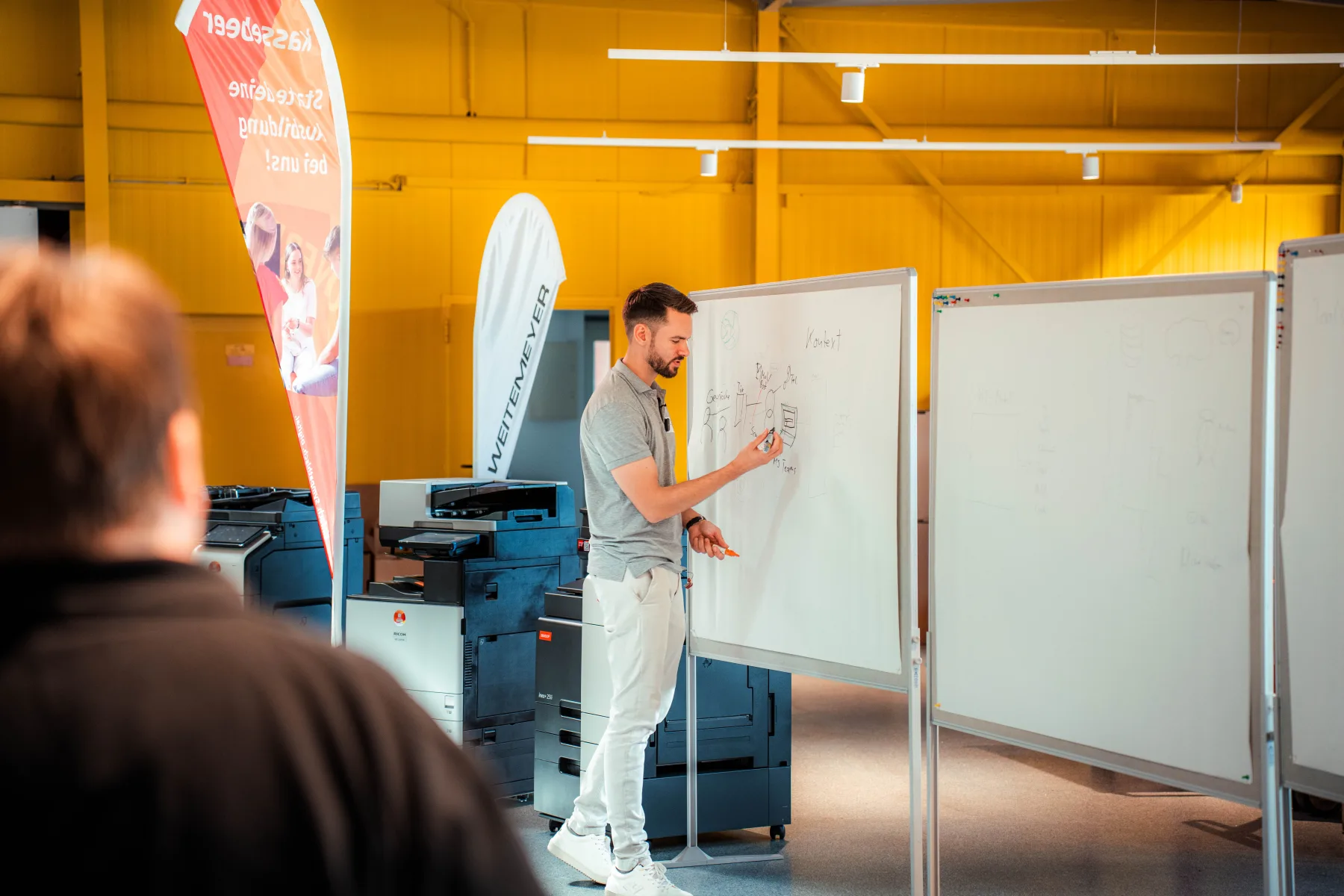 sorum strukturiert mit einem Team einen Arbeitsablauf am Whiteboard