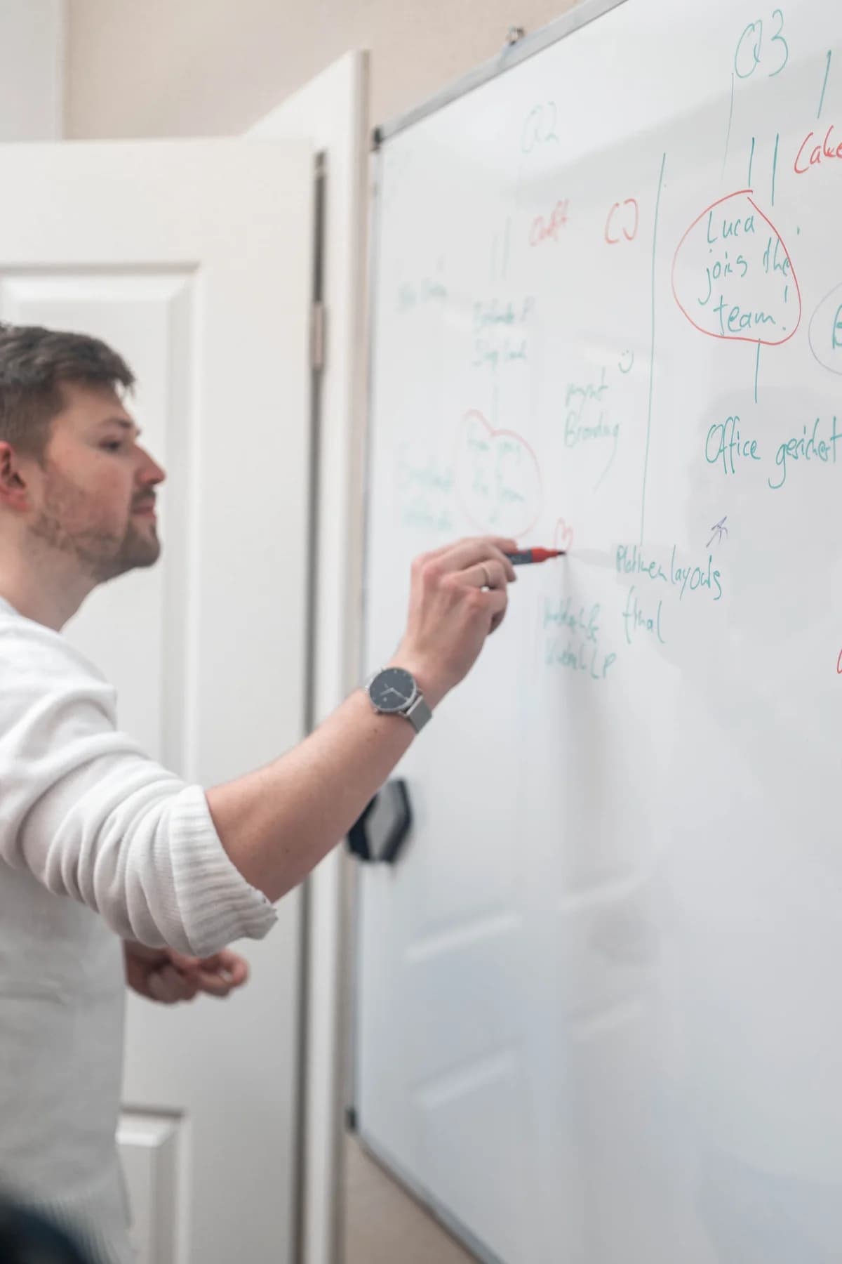 Ein Entwickler von sorum skizziert im Büro in Hann. Münden einen Systemaufbau am Whiteboard